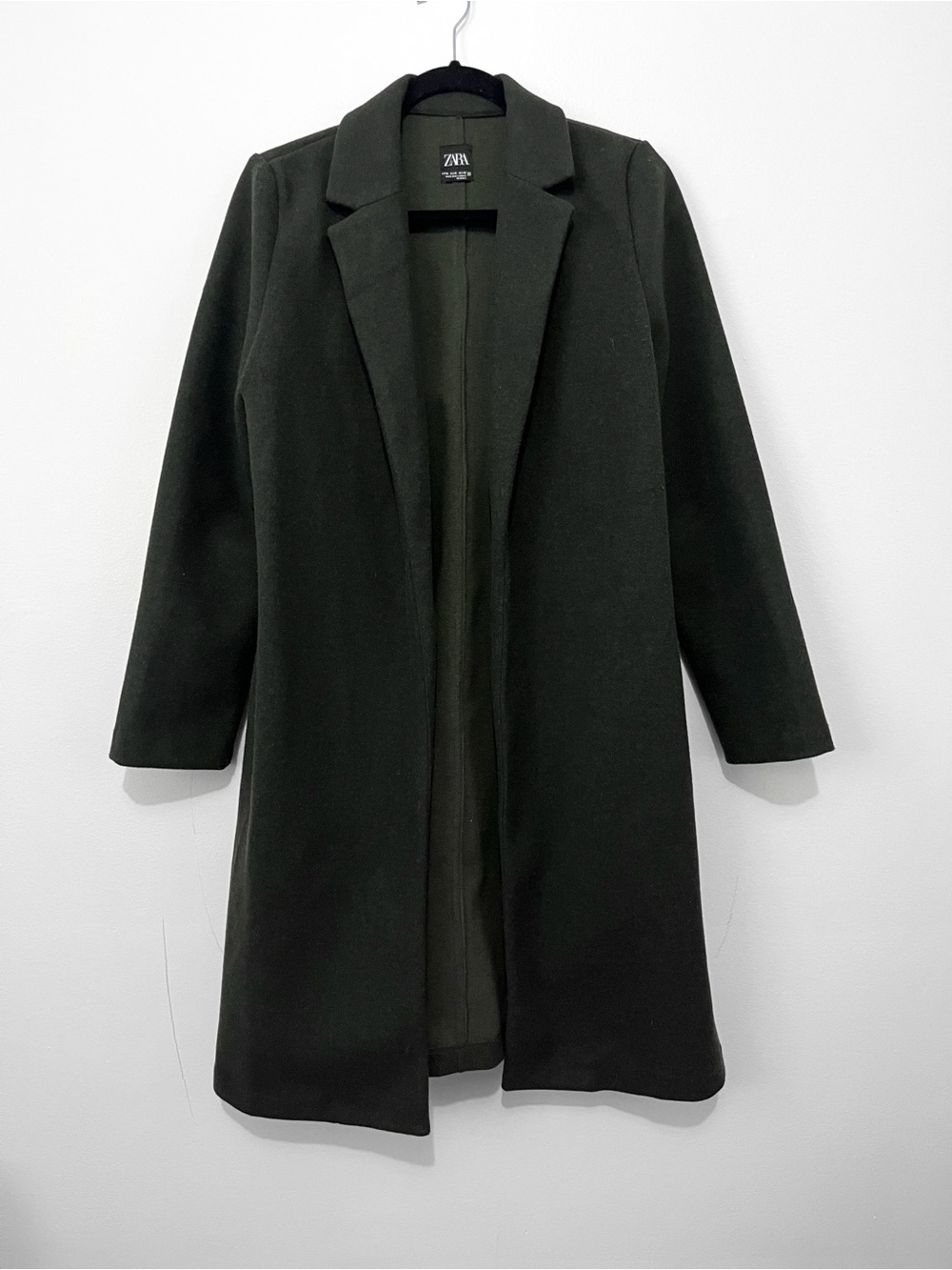 Zara Olive Green Open-Front Long Coat